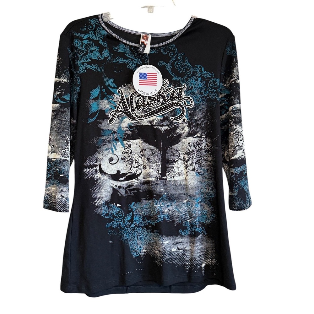Big Bang Alaska Whale Graphic Top Black Teal 3/4 Sleeve Faceted‎ Studded L NWT